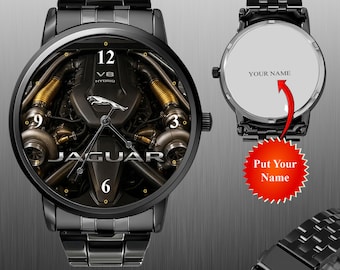 Relógio de pulso inspirado no Jaguar V8 Hybrid com o icônico Leaper, perfeito para presentear com um toque esportivo e automotivo.