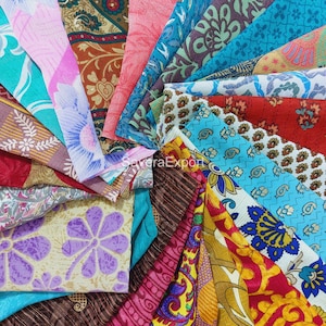 Vintage Sari Silk Fabric Scraps: Floral Textile, Quilting Bundle (40 Pcs)