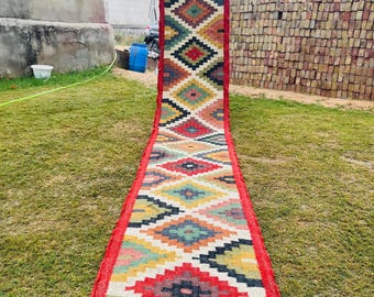 Alfombra Kilim de lana y yute hecha a mano / Alfombra boho para escaleras