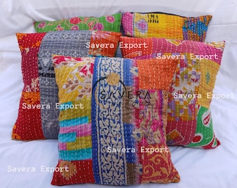 Vintage Kantha Pillow Cover Set, Bohemian Patchwork Cushion, 16x16 Inches