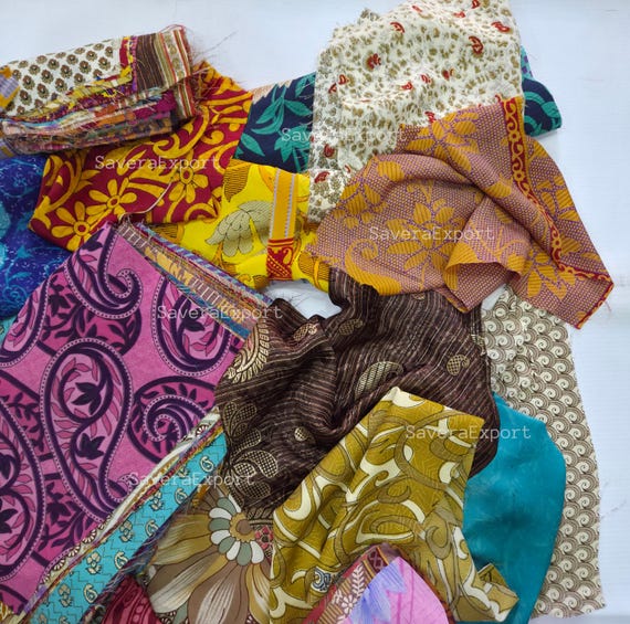 Bolsa de tela de seda pura tipo sari vintage, retales textiles de