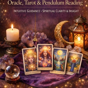 May include: An image advertising spiritual readings, with tarot cards, a lit candle, a crystal ball, and a decorative lantern. The text reads "Spirit-Led Oracle, Tarot & Pendulum Reading" with further text about guidance and insight.