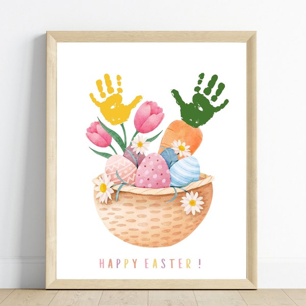 Easter basket carrot and flowers handprint art, baby’s first Easter keepsake printable gift, baby toddler craft activity, DIY present