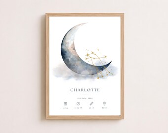 Spersonalizowany wydruk statystyk narodzin dziecka, spersonalizowany plakat z imieniem znaku zodiaku, prezent dla rodziców z motywem konstelacji, pomysł na neutralną dekorację ścienną do pokoju dziecięcego
