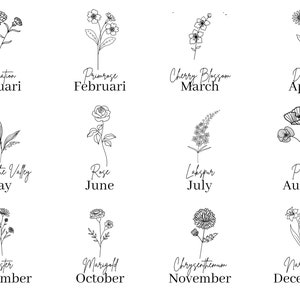 Puede incluir: Una ilustraci&oacute;n en blanco y negro de flores que representan cada mes del a&ntilde;o. Las flores est&aacute;n etiquetadas con sus nombres comunes y el mes que representan. Enero: Clavel, Febrero: Primula, Marzo: Flor de cerezo, Abril: Margarita, Mayo: Lirio de los valles, Junio: Rosa, Julio: Delphinium, Agosto: Amapola, Septiembre: Aster, Octubre: Cal&eacute;ndula, Noviembre: Crisantemo, Diciembre: Narciso.