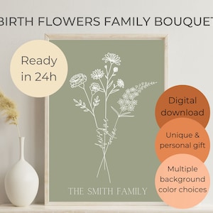 Ramo de flores de nacimiento familiar personalizado, regalo único para el día de la madre, impresión artística del mes de nacimiento, regalo personalizado para mamá, diseño de arte lineal minimalista