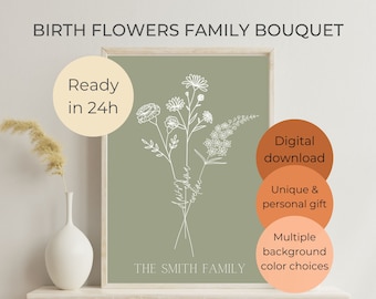 custom family birth flower bouquet, Unique mothers day gift, birth month art print, personalized gift for mom, minimalist line art design