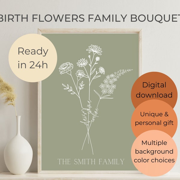 custom family birth flower bouquet, Unique mothers day gift, birth month art print, personalized gift for mom, minimalist line art design