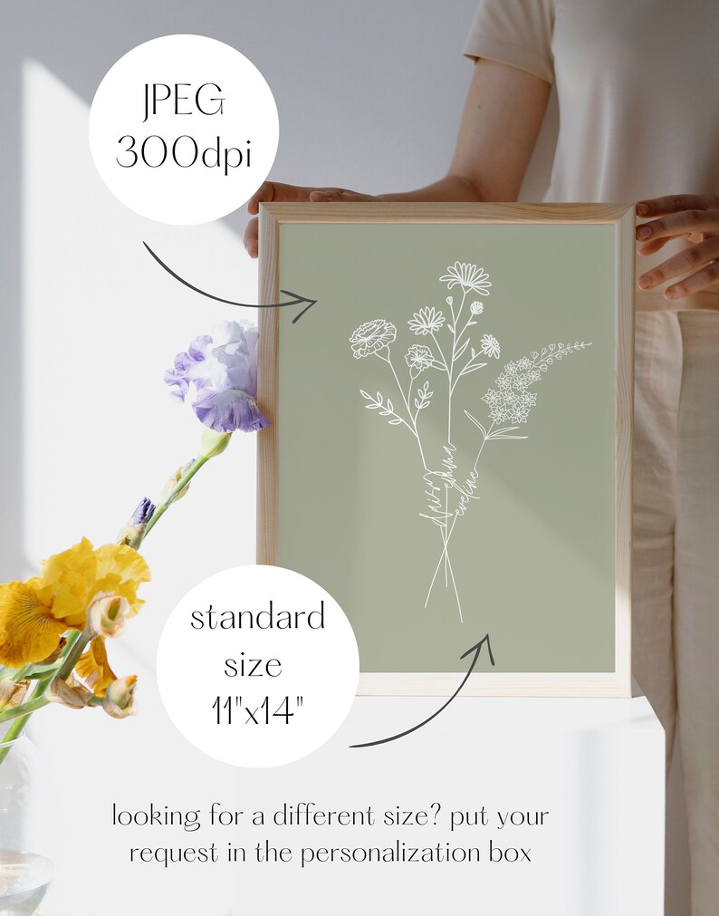Puede incluir: Una descarga digital imprimible de una ilustraci&oacute;n de l&iacute;nea de un ramo de flores sobre un fondo verde salvia. El texto "Recuerda siempre que eres amado" est&aacute; escrito en cursiva en los tallos de las flores. La imagen est&aacute; enmarcada y la sostiene una persona. El texto "tama&ntilde;o est&aacute;ndar 11"x14" est&aacute; debajo de la imagen.