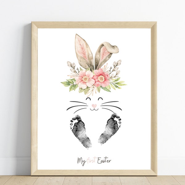 My first 1st Easter bunny footprint art, baby’s first Easter keepsake printable gift, baby toddler craft activity, DIY present newborn feet