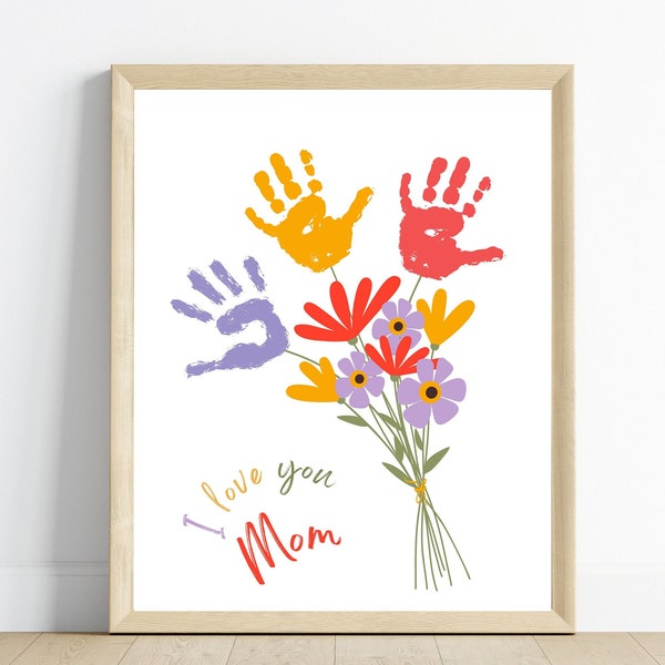 Regalo de mamá de arte con huellas de manos, regalo de idea de flores para el primer día de las madres, arte imprimible de recuerdo de regalo de los Días de las Madres, actividad de pintura artesanal para niños pequeños DIY