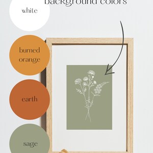 Puede incluir: Una impresi&oacute;n enmarcada de un dibujo lineal de un ramo de flores silvestres sobre un fondo verde salvia. El marco es de madera clara. La imagen est&aacute; rodeada de cuatro muestras de color: blanco, naranja quemado, tierra y salvia.
