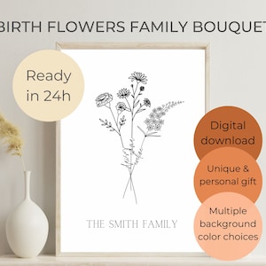 Puede incluir: Una descarga digital de una impresi&oacute;n de arte imprimible que presenta un dibujo en blanco y negro de un ramo de flores con el texto "THE SMITH FAMILY". La impresi&oacute;n est&aacute; disponible en m&uacute;ltiples opciones de color de fondo.