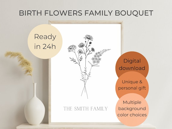Custom flower bouquet, Unique mothers day gift, birth month print, personalized present for mom, nana, family portrait, family birth flowers