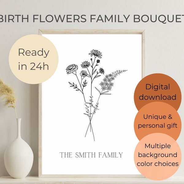 Custom flower bouquet, Unique mothers day gift, birth month print, personalized present for mom, nana, family portrait, family birth flowers