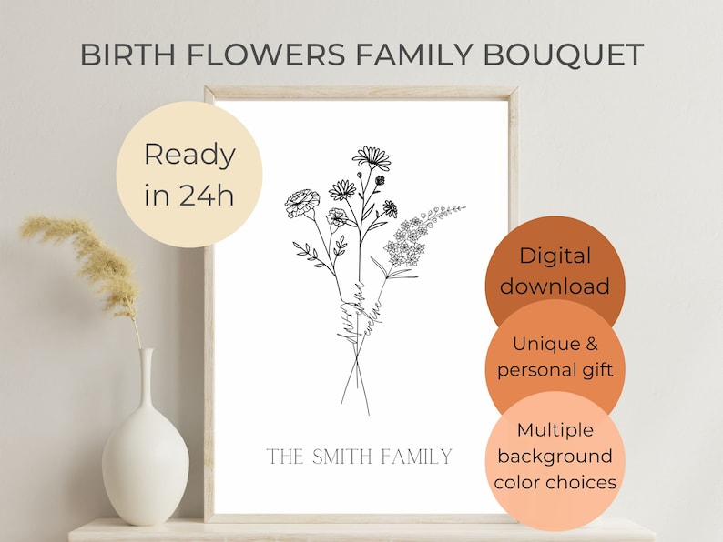 Puede incluir: Una descarga digital de una impresi&oacute;n de arte imprimible que presenta un dibujo en blanco y negro de un ramo de flores con el texto "THE SMITH FAMILY". La impresi&oacute;n est&aacute; disponible en m&uacute;ltiples opciones de color de fondo.