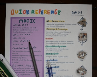 DnD 101 | DnD Quick Reference Printout | Dungeons and Dragons | TTRPG | DnD 5e