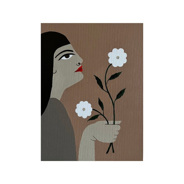 Fille aux deux fleurs | Peinture acrylique originale sur panneau de toile | Peinture contemporaine | Peinture acrylique | Art et objets de collection | égyptienne