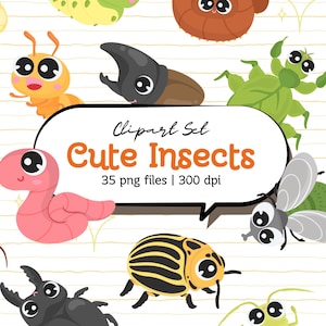 Cute Insect Clip Art Set Cartoon Style Ant Worm Grasshopper Butterfly Ladybug Moth Beetle Caterpillar Mosquito PNG Bug Animal Illustration