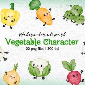 Watercolor Cute Vegetable Character Clipart, 20 PNG Files, Digital Download, Kawaii Food, Happy Veggies, Cartoon Style, Hand Painted Art