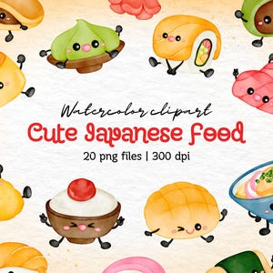 Cute Japanese Food Watercolor Clipart, 20 PNG Files, 300 DPI, Kawaii Sushi Digital Art, Transparent Background, Ramen and Mochi Illustration