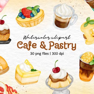 Watercolor Cafe and Pastry Clipart Set, 30 PNG Files, Digital Download, Coffee, Cake, Bakery, Dessert, Cute Food Art, Hand Painted