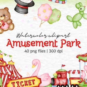 Aquarell Vergnügungspark Clipart-Set Handgemalte Zirkusfahrten Cotton Candy Tickets Ballons Riesenrad Heißluftballon Karussell PNG