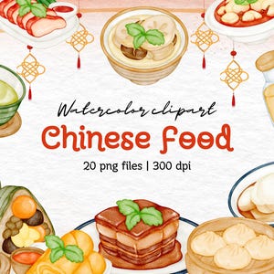 Conjunto de clipart de comida chinesa em aquarela, 20 arquivos PNG, download digital, dim sum, bolinhos, culinária asiática, comida tradicional, arte pintada à mão