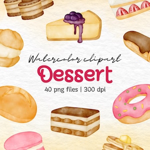 Watercolor Dessert Clipart Set Hand Painted Donuts Cakes Ice Cream Cupcakes Macarons Pudding Chocolate Cheesecake Waffle PNG Sweet