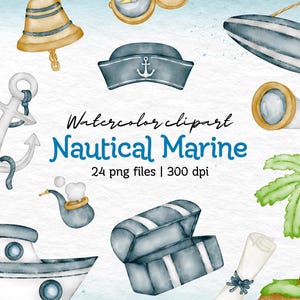 Nautical Marine Watercolor Clipart, 24 PNG Files, 300 DPI, Ocean Theme Digital Art, Transparent Background, Anchor and Sailboat Illustration