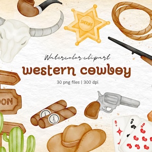 Clipart cowboy western aquarelle - 30 PNG, 300 DPI | Far West, Saloon, Sheriff, Gun, Cactus, Cartes, Lasso | Téléchargement numérique