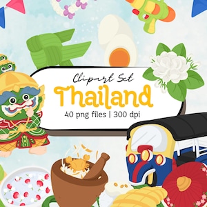 タイのクリップアートセット 伝統文化 トゥクトゥク タイ寺院 ムエタイ マンゴーもち米ガーランド PNG ランドマーク 食べ物 フェスティバル イラスト
