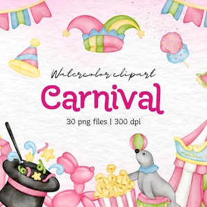 Aquarell Karneval Clipart Set, 30 PNG Dateien, Digital Download, Zirkus, Rummelplatz, Riesenrad, Clown, Zaubershow, Jahrmarkt Elemente PNG