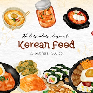 Watercolor Korean Food Clipart, 25 PNG Images, Korean Food Clipart, Asian Cuisine, Digital Download, Transparent Background Art