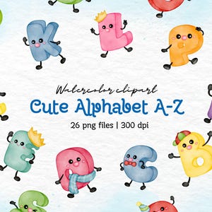 Lindo alfabeto de acuarela, 26 archivos PNG, 300 DPI, arte de letras kawaii, fondo transparente, ilustración digital ABC
