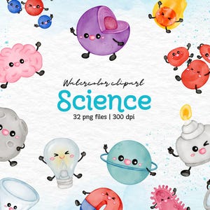 Conjunto de clipart de ciências em aquarela, 32 arquivos PNG, download digital, química fofa, física, elementos de biologia, ferramentas de laboratório, arte STEM PNG