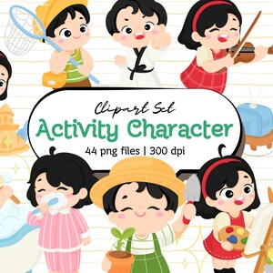 Activity Character Clip Art Set Hand Drawn Kids Playing Brushing Painting Reading Bathing Eating Sleeping Gardening PNG Illustration