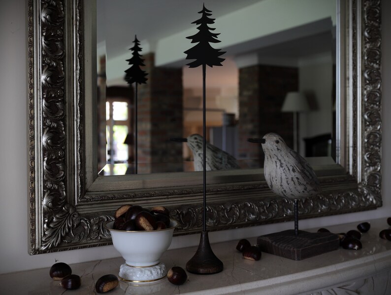 Handmade Black Metal Ornament Pine Tree on Oak Base, Minimalistic