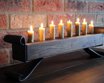 Large forged candlestick with wooden base, unique table centrepiece, vintage décor