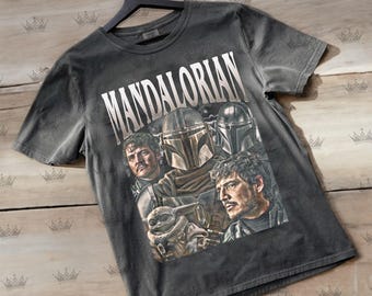 Mandalorian Shirt Pedro Pascal Grogu Tee, Star Wars Vintage T Shirt, Din Djarin Unisex Graphic Top Gift for Fans, Gift for Women and Men ID