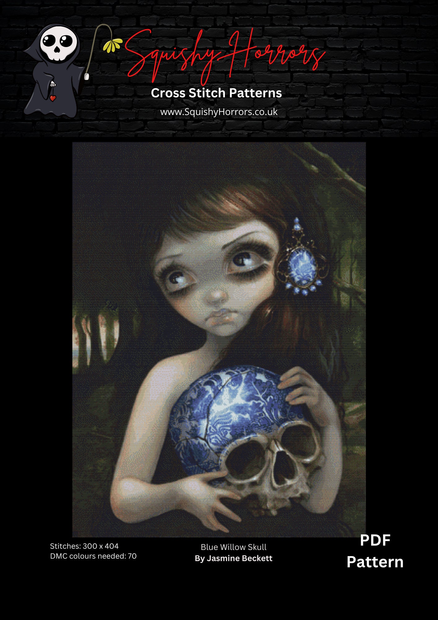 Cross Stitch Pattern, Blue Willow Skull Jasmine Becket Griffith, PDF