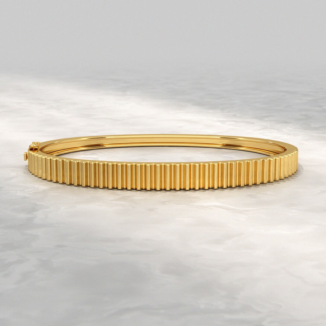 Gold Cuff Ribbed Bangle / Minimalist Narrow Gold Bangle Bracelet / 10K ...