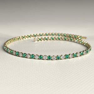 Natural Emerald & Diamond Alternate Tennis Bracelet, Lab Grown Diamond Stacking Bracelet, Natural Emerald Bracelet, Valentines Day Gift