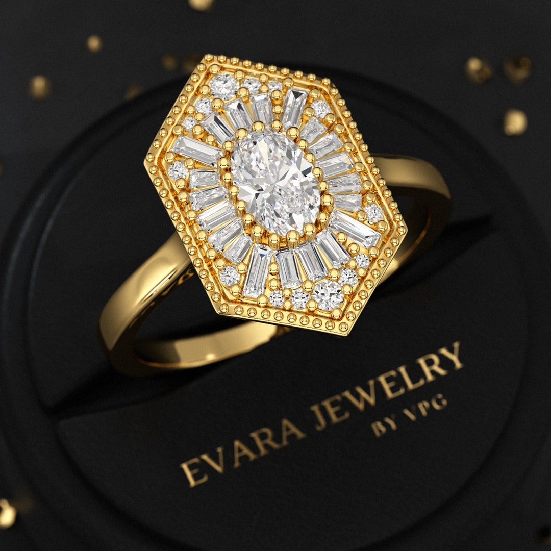 Antique Diamond Mosaic Oval Proposal Ring, Engagement Ring, Lab Grown ...
