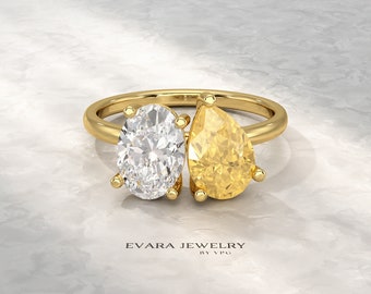 2.25 Carat Oval Diamond & Pear Cut Intense Yellow Diamond Toi Et Moi Two Stone Ring, Lab Grown Diamond Engagement Ring, Colored Diamond Ring