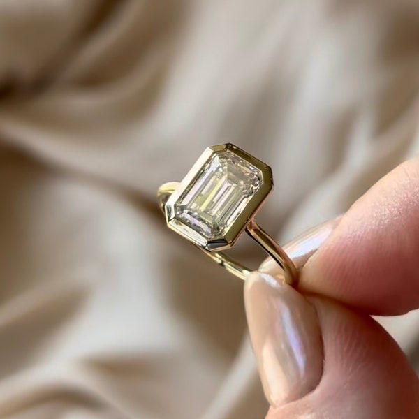 3 Carat Emerald Cut Bezel Set Diamond Engagement Ring, Lab Grown Diamond Modern Minimalist Wedding Ring, Unique Push Present