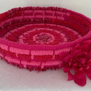 Pink Home Decor | Red Pink Rope Basket | Furry Basket | Pink Red Woven Basket | Eclectic Home Decor
