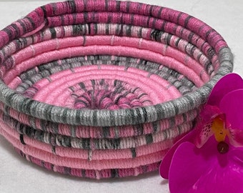 Yarn Coil Basket Pink & Gray | Small Rope Basket Pink | Decorative Basket | Small Woven Basket