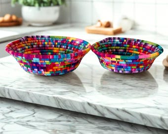 Colorful Shallow Basket Set | 2 Piece Rope Baskets | Bright Boho Decor | Handmade Yarn Bowls  | Unique Gift Basket Set | 2 piece basket set