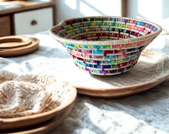 Beige & Multicolor Yarn Basket | Handmade Fiber Art | Boho Desk Organizer | Cozy Home Decor Gift | Colorful Boho Decor | Colorful Decor